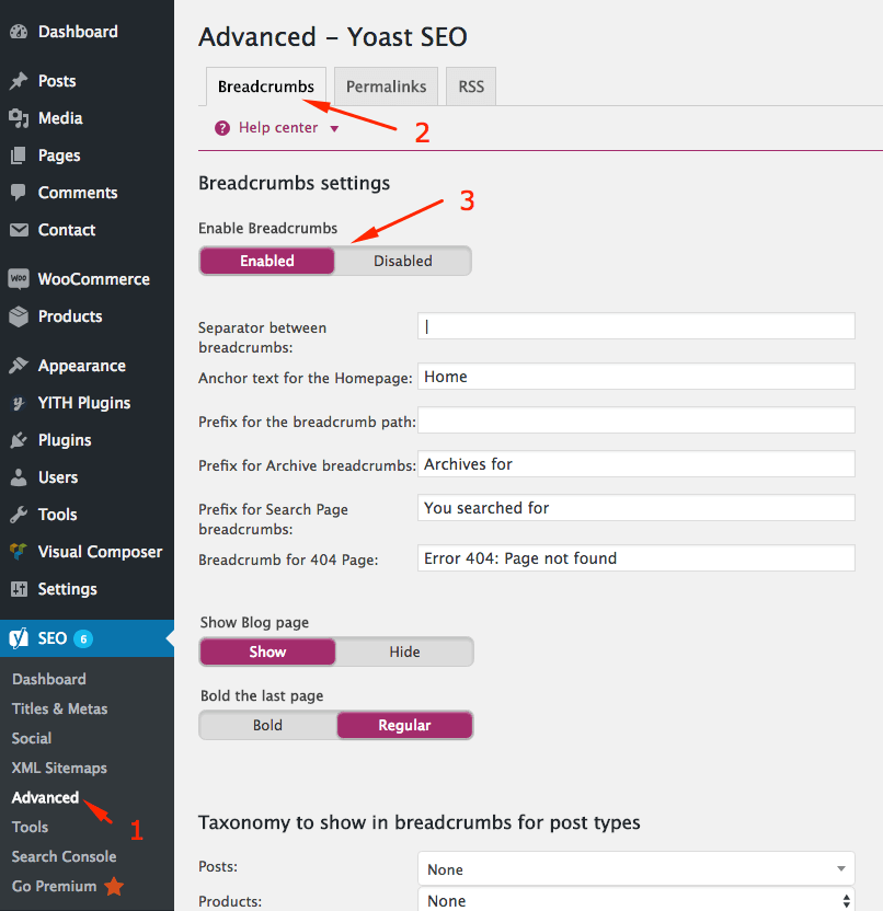 Breadcrumbs settings